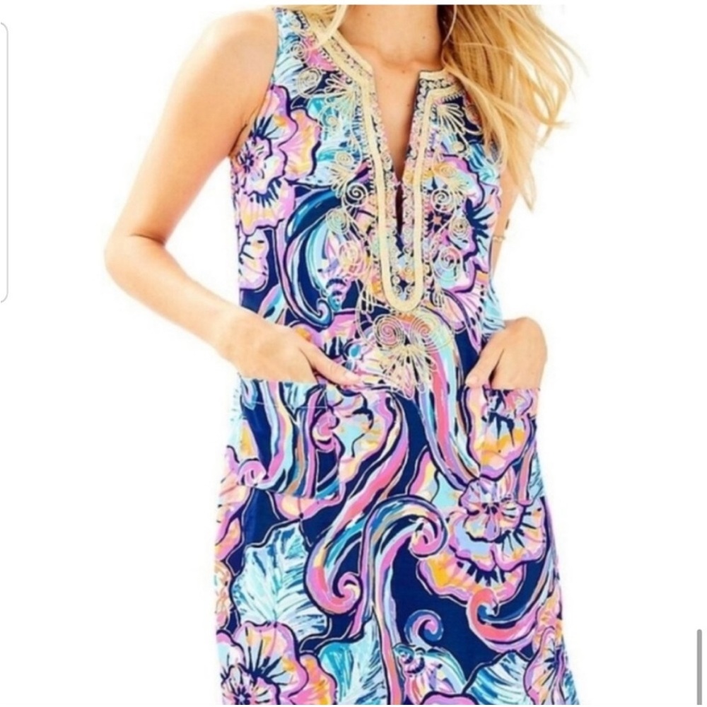 LILLY PULITZER Carlotta Nauti Navy Boho Bateau Gold Cording Shift Dress Size 0
